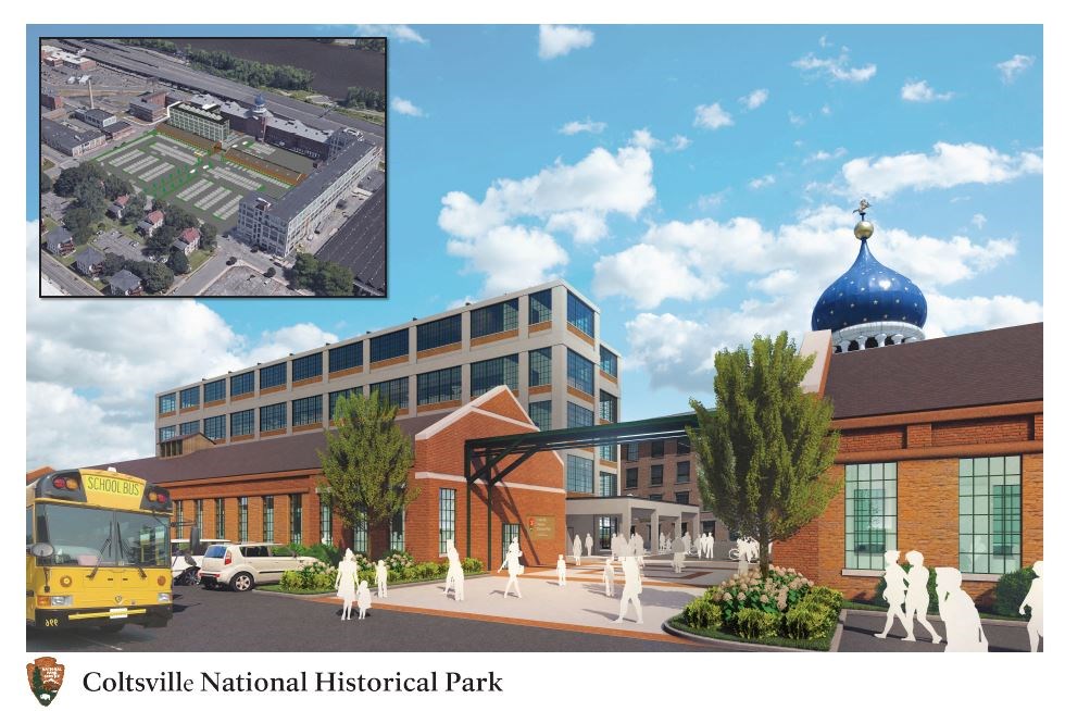 artist rendering of Coltsville NHP with brick building with visitor signs and a school bus dropping off outlines images of students