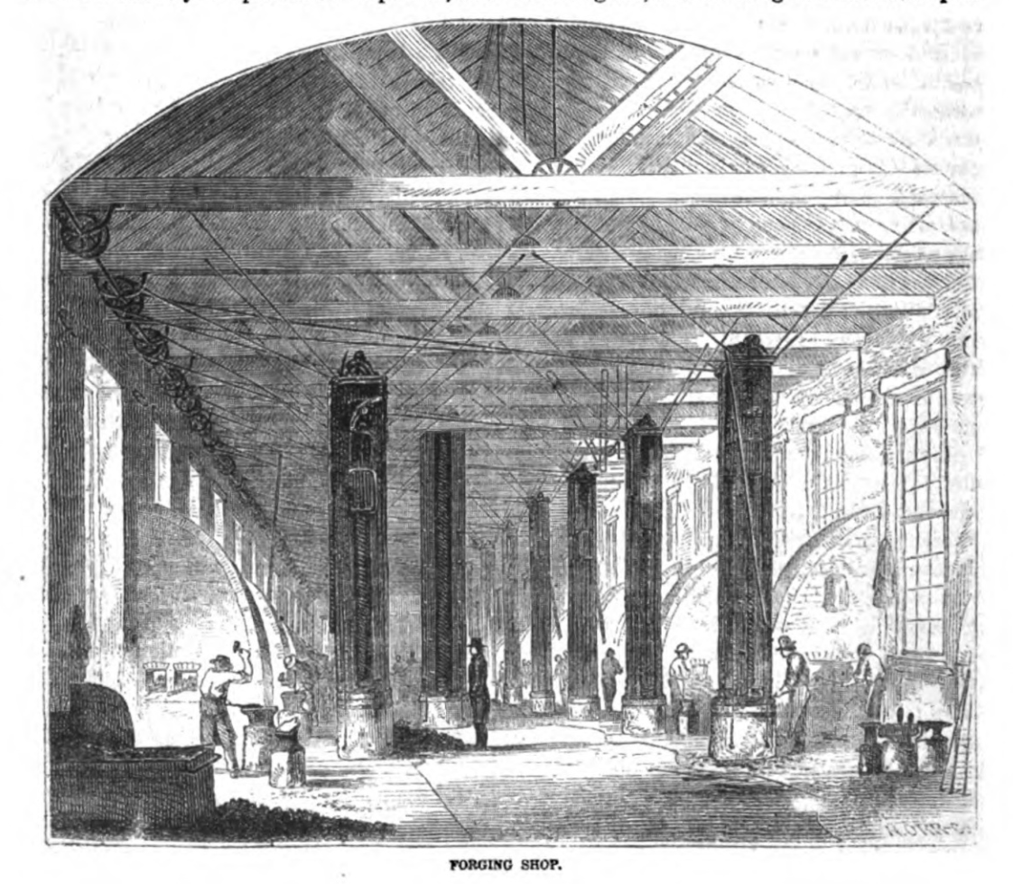 A black and white sketch of the inside of a building where men are working at machines.