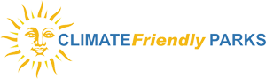 Text: Climate Friendly Parks with a sun in the background