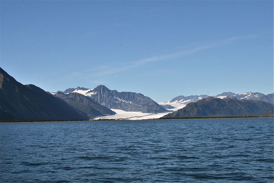 A glacier flowing between mountains down to the ocean.  There is a dark stripe running down the center of the glacier.