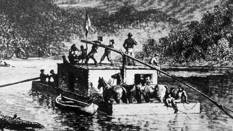 An etching of a river flatboat carrying men and horses