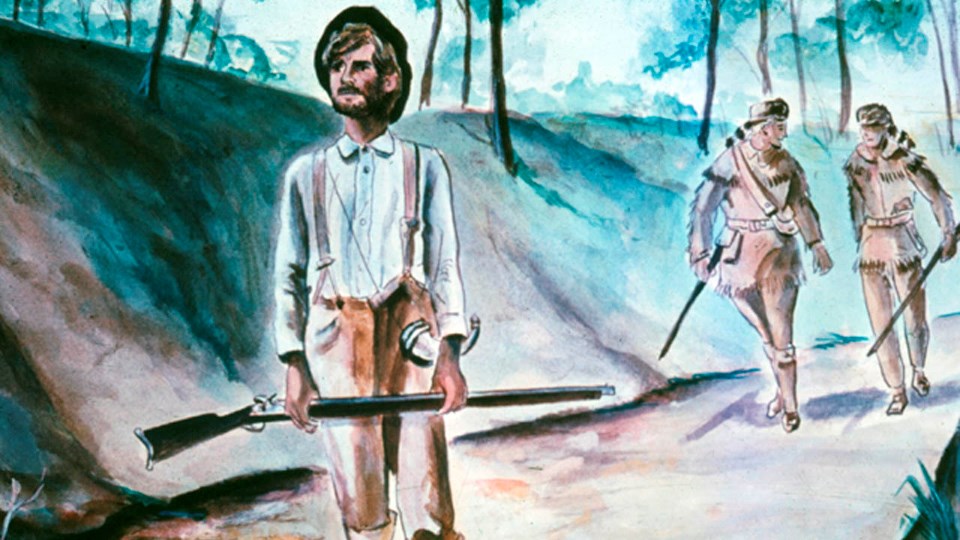 A painting of white men dressed in pioneer clothing on a trail.