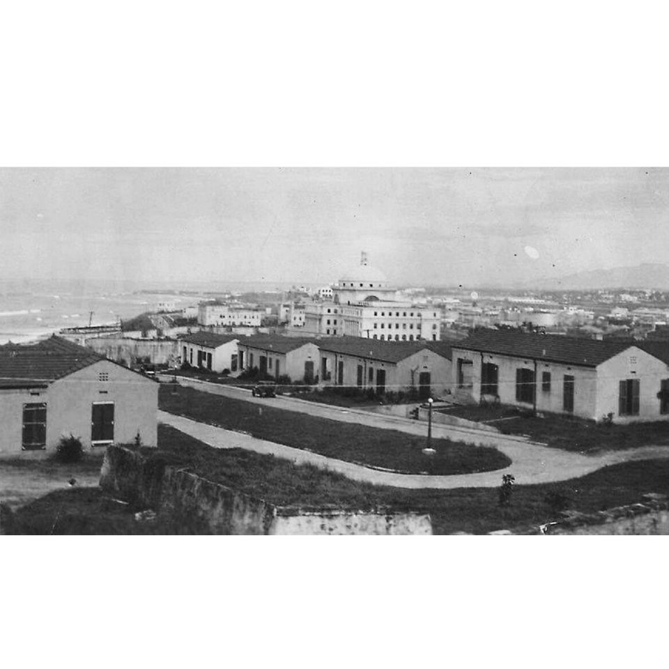 One-story housing in rows on grass