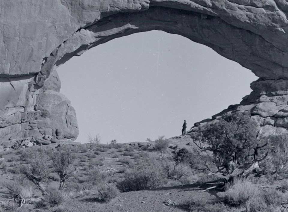 a black and white photo of North Window. A man stands under the arch on the right side. There are plants and soil on the stone below the arch.