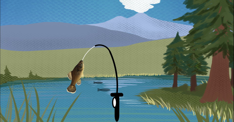 On the left is the lake with cattails and a fishing pole in the middle. On the right is a photograph of a skeleton of the fossilized pirate perch.