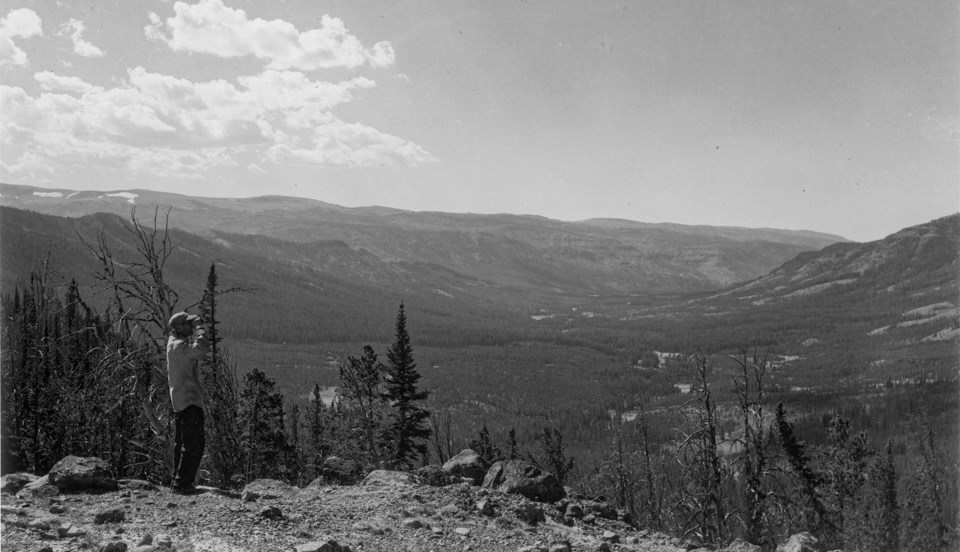 A man stands on a promontory with binoculars, looking out over a forested valley with mountains on either side and a river flowing down the center.