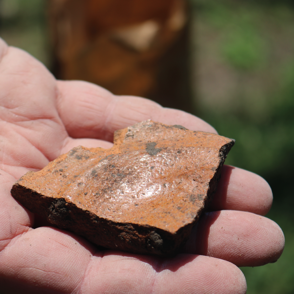 2 inch piece of brown bone-tempered pottery sherd sitting in the palm of a hand.