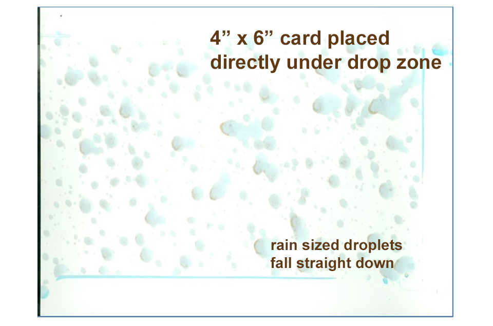 4 x 6 card splattered with rainsized blue droplets of herbicide.  The card is covered with splatter