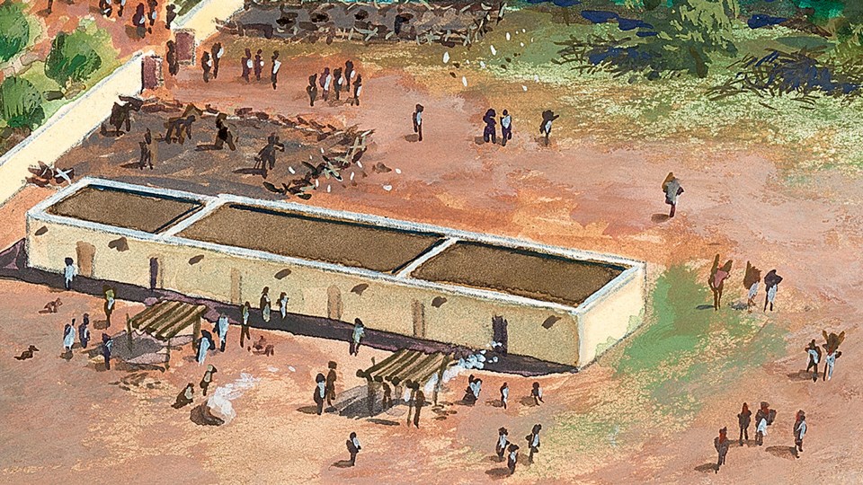 illustration of horse pens and buildings