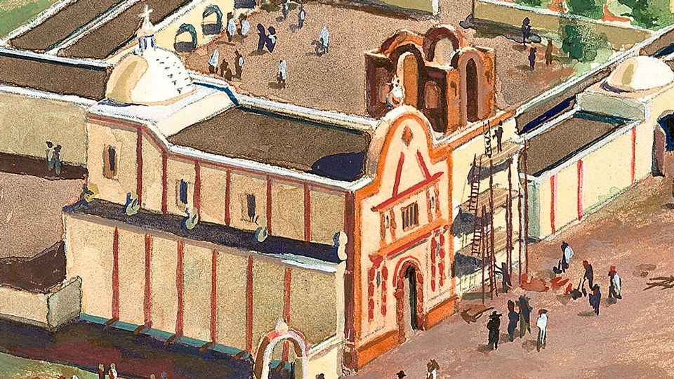 illustration of mission church with scaffolding