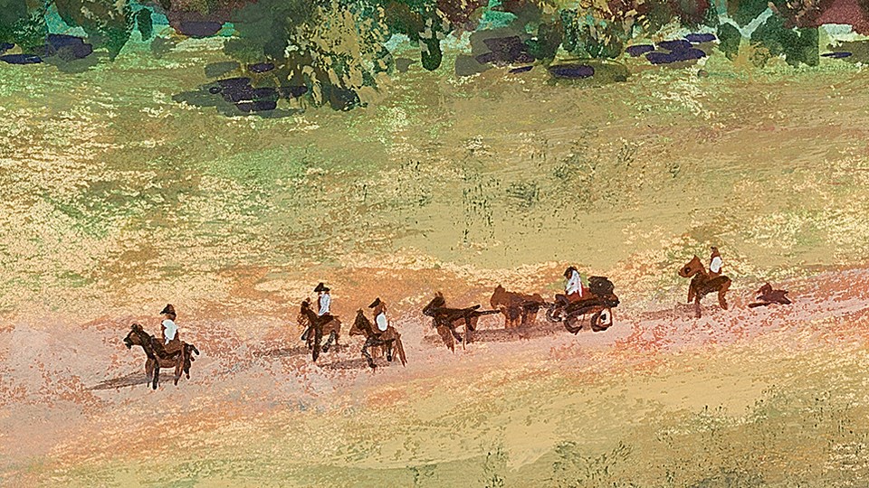 illustration of travelers on horseback coming from the south