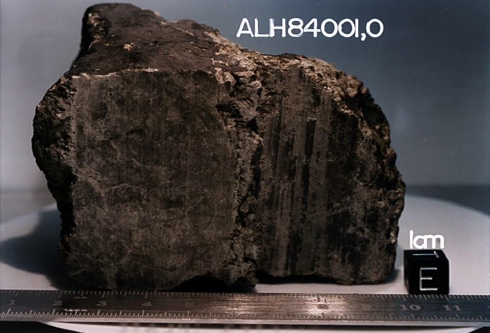 Close up of a jagged brown, gray and black meteorite sitting on a table behind a ruler and small die with the letter E on it. The meteorite measures 9 centimeters. It is labeled ALH 84001,0