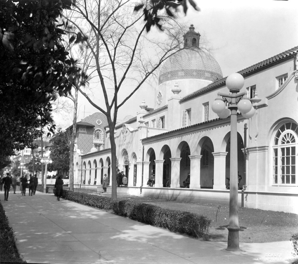 Looking North towards the Quapaw Bathhouse with its domed roof and large arches.