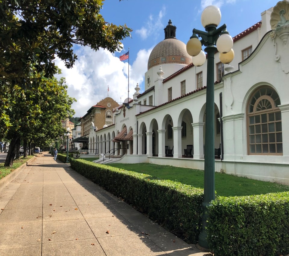 Looking North towards the Quapaw Bathhouse with its domed roof and large arches.