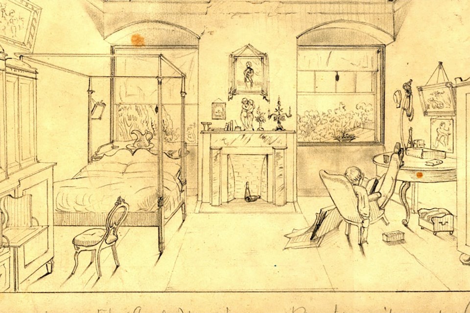 A sketch of a soldier in a sparsely furnished room.