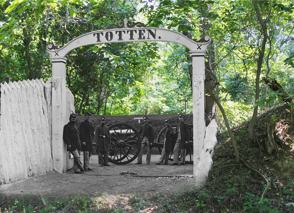 Union soldiers lean on cannons under an archway that reads "TOTTEN"