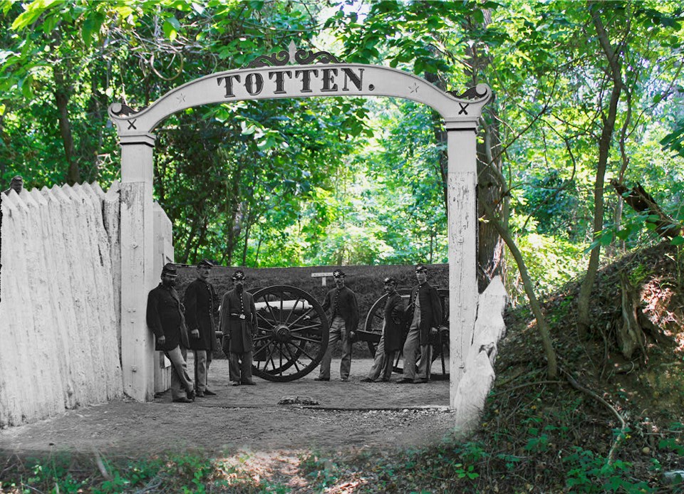 Union soldiers lean on cannons under an archway that reads "TOTTEN"
