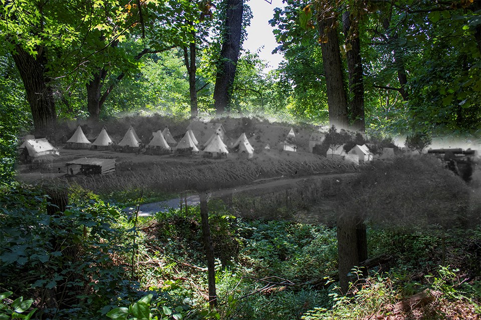 A historic image of Sibley tents overlaid on a modern image of a forest.