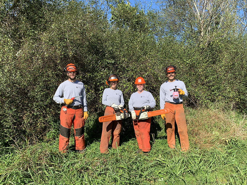 Two men and two women wearing hardhats and chaps and holding landscaping tools