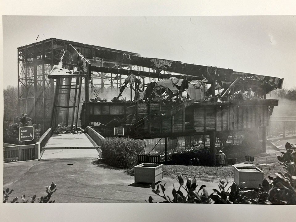 The Filene Center, after a destructive fire on April 5, 1982.