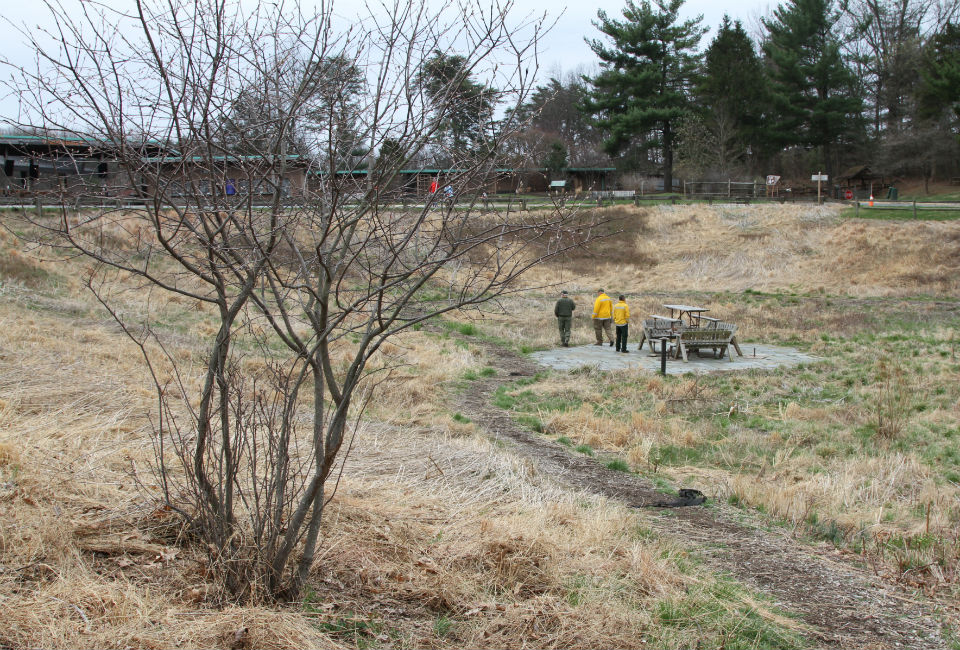 Firefighters look at a meadow with dry grass and a path