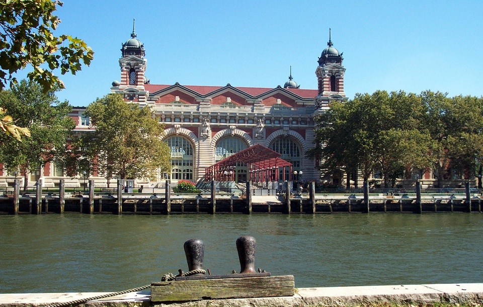 The Main Building on Ellis Island during the summer months. The photo is taken on the south-side of the island.