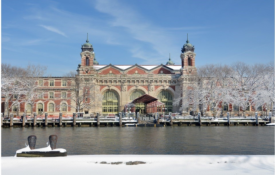 The Main Building on Ellis Island during the summer months. The photo is taken on the south-side of the island.