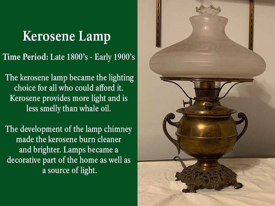 Whale oil was used for lamps in the late 1700s and early 1800s. The lamp in the picture is made from molded, clear glass, so you could easily see how much oil remains and possibly predict how much time has passed since it was filled.