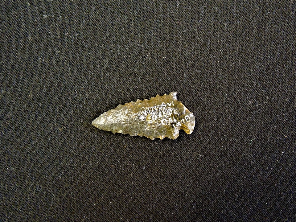 rough edged, triangular object with a sharp point and fish-tail stem