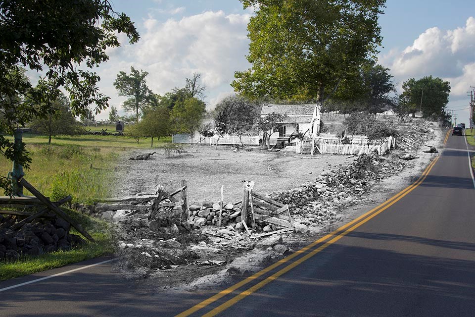 An 1863 view of the Lydia Leister house is at the center of this then and now picture meld.