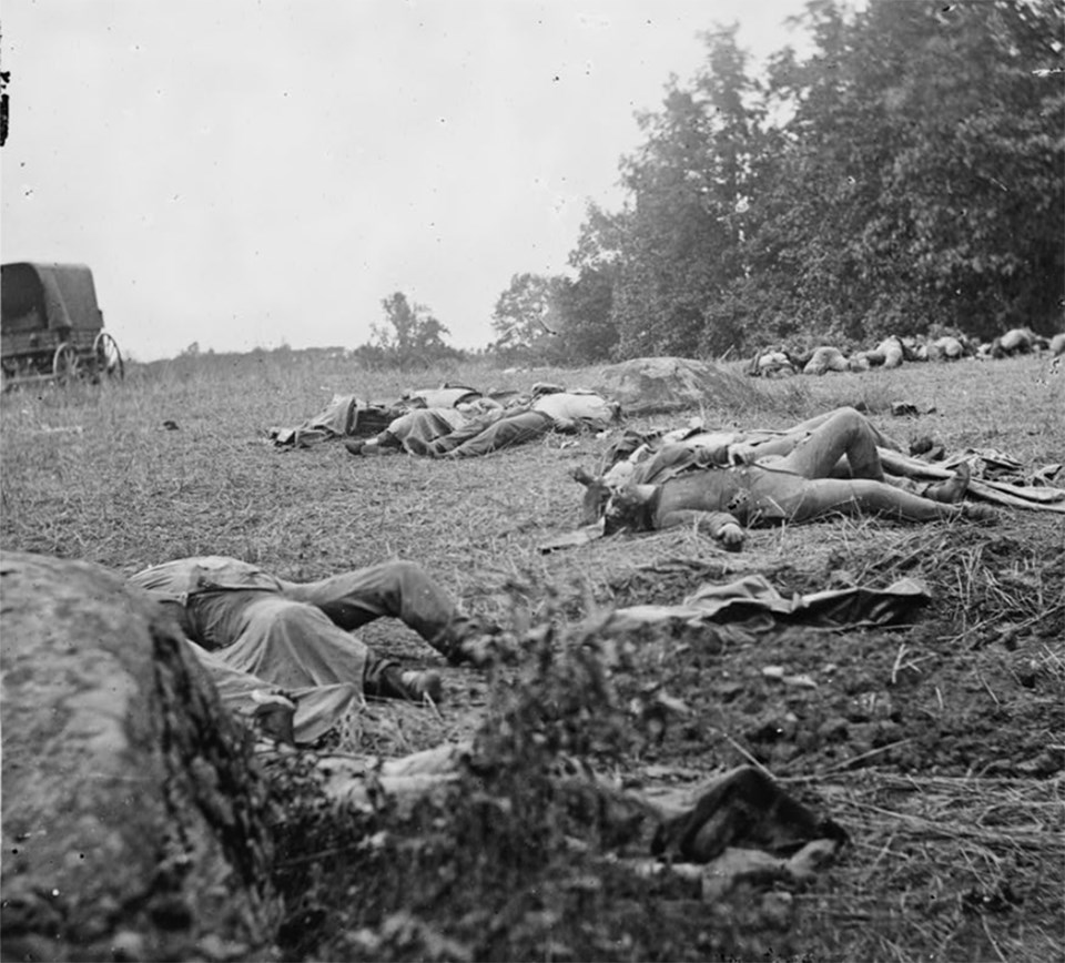 A row of dead bodies lay in an open field. A large boulder is in the lower left corner and small boulder is in the middle right.