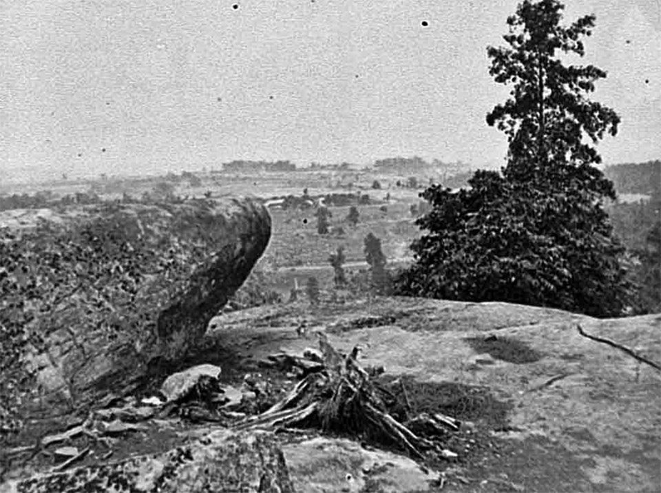 A large boulder is on the left and a pine tree is on the right in this black and white photo taken from the summit of Little Round Top.