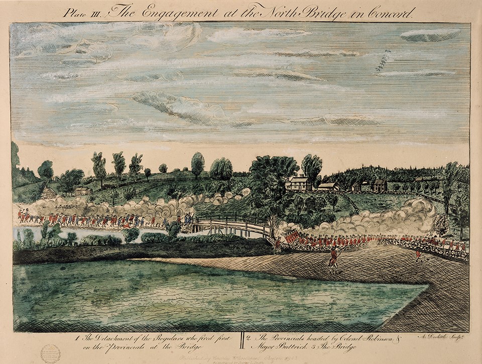 A painted image of a wooden bridge crossing the Concord river. Redcoat British soldiers approach and fire muskets from the right, Colonial Militia approach and fire muskets from the left. A cloud of smoke rises above the scene. A hill rises sharply behind
