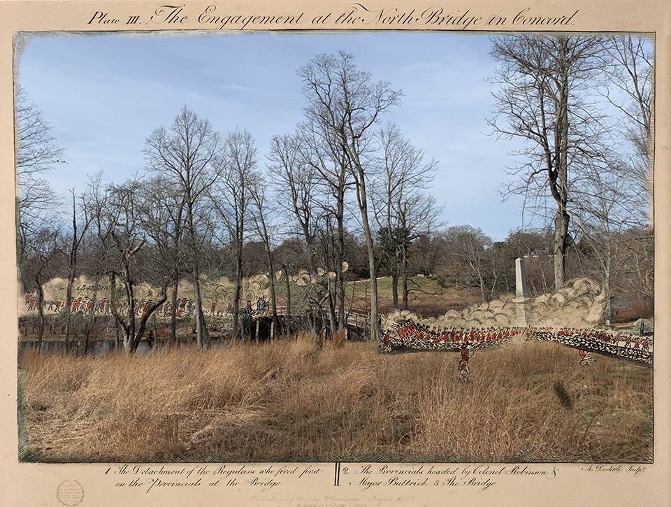 A painted image of a wooden bridge crossing the Concord river. Redcoat British soldiers approach and fire muskets from the right, Colonial Militia approach and fire muskets from the left. A cloud of smoke rises above the scene. A hill rises sharply behind