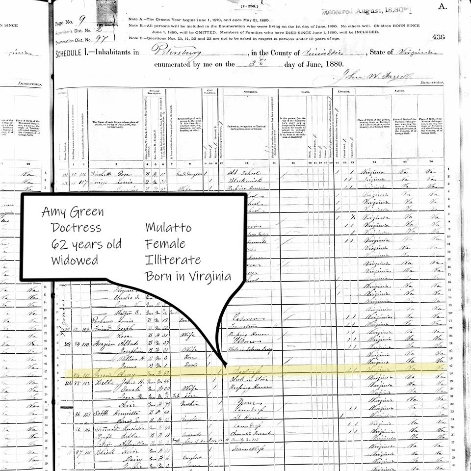 Dinwiddie County Census from June 3 1880. Highlighted is Amy Green who was enslaved at the Whitehill Plantation.