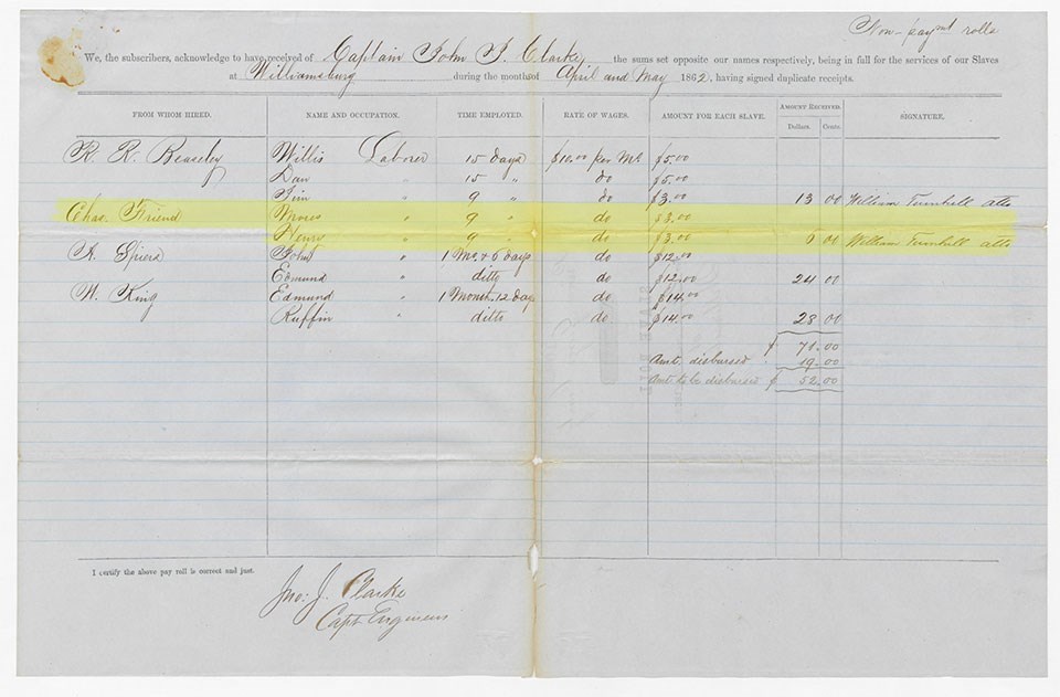 Day Roll of Slaves employed in April and May of 1862 in the Williamsburg area. Charles Friend hired Moses and Henry.