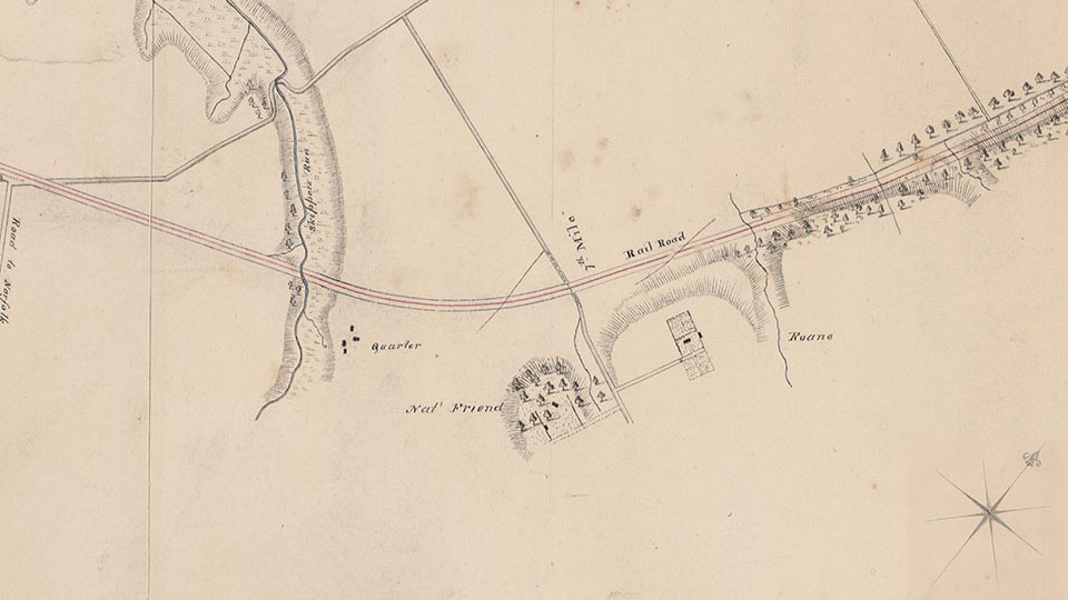 A close-up of a map in 1837 showing where the Friend's family home was, and the quarters of the enslaved people.