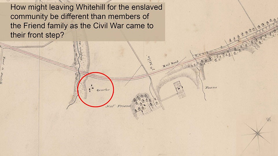 A close-up of a map in 1837 showing where the Friend's family home was, and the quarters of the enslaved people.