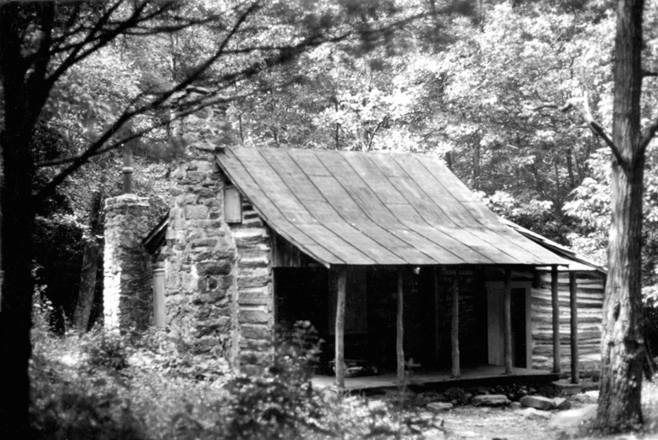 A black and white photograph of a log cabin in the woods.