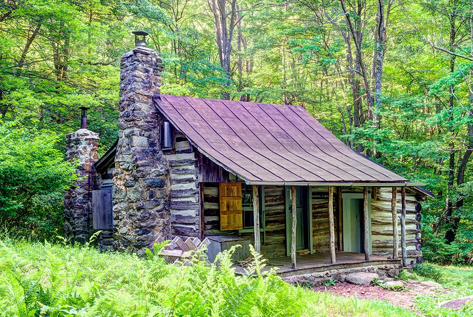 A black and white photograph of a log cabin in the woods.