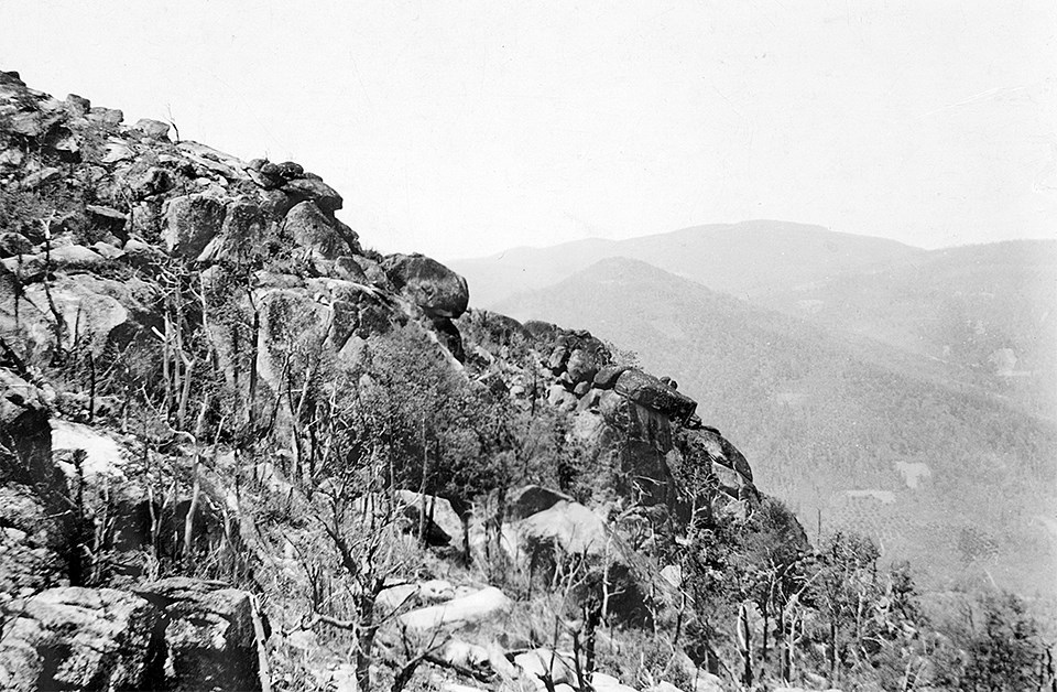 A black and white photograph of a mountainside.