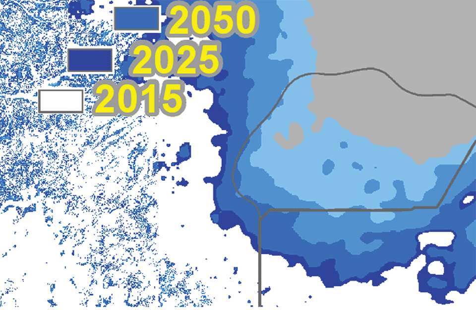 Map illustration: Sea level elevation projections for Everglades National Park.