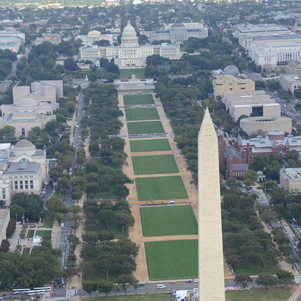 Green national turf with US Capitol in distance