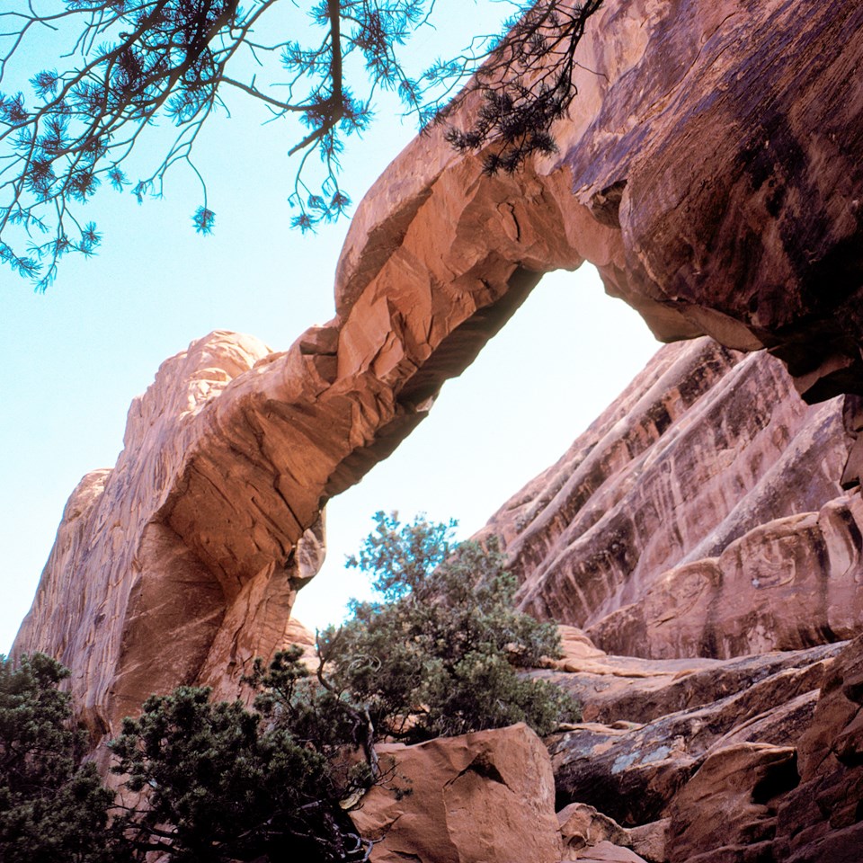 a broad, stone arch viewed from below