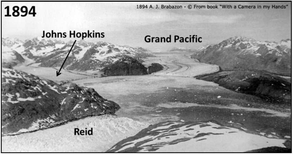1894 image of the Johns Hopkins, Gran Pacific and Reid glaciers