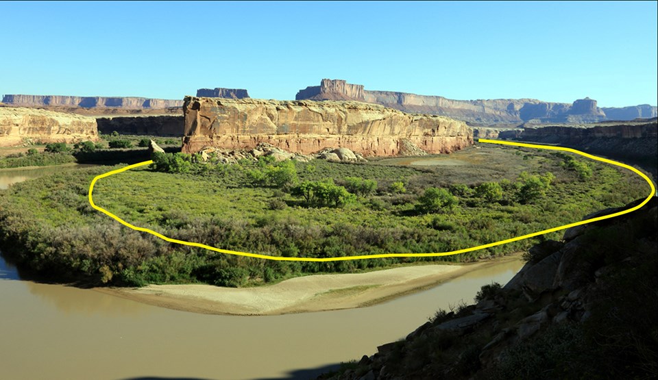 River island with yellow line around edge of riparian area