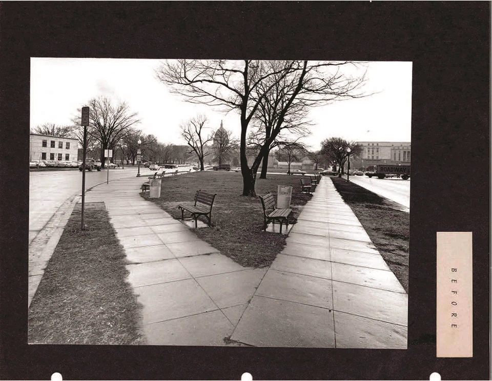 A sidewalk forms a "V" around a patch of grass with benches, leafless trees, and trash cans, labeled "Before."