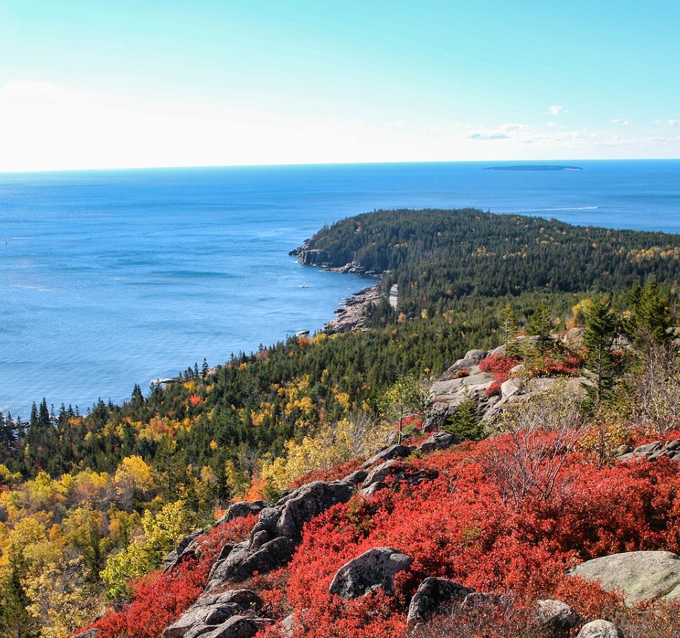 Aerial view of Acadia National Park and Bar Harbor