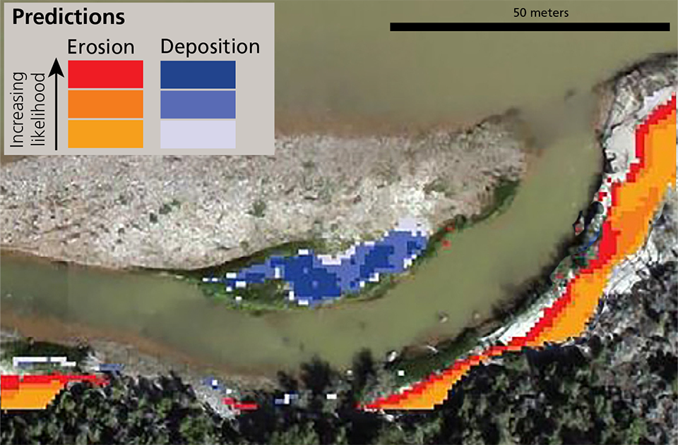 Aerial view of river detail labeled change in bed elevation with some areas shaded red or blue. Areas shaded red represent erosion. Areas shaded blue represent deposition.
