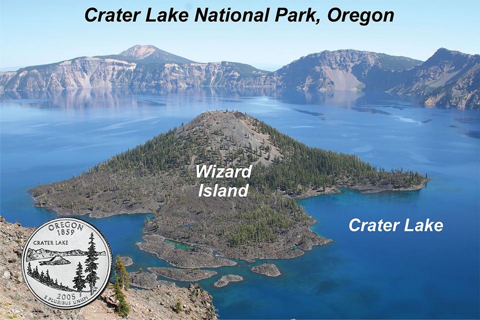 mountain top lake with volcanic cone island with labels